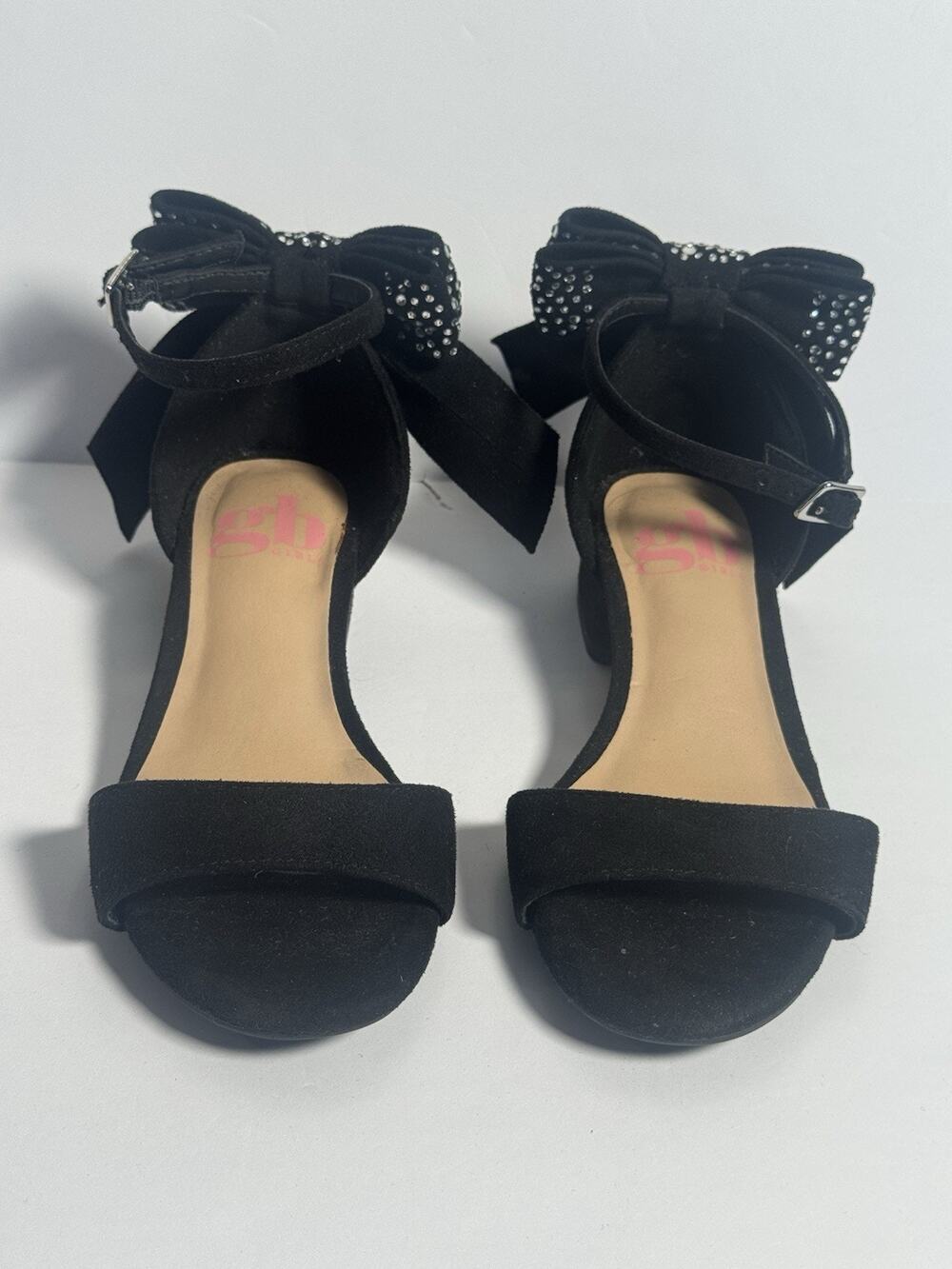 GB Girls Black Rhinestone Bow Ankle Strap Sandals Block Heel Size 11M